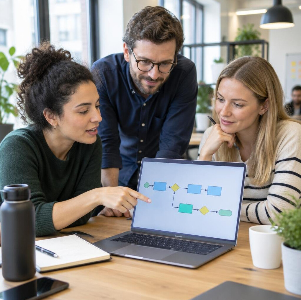 Small group of coworkers collaborating around a laptop