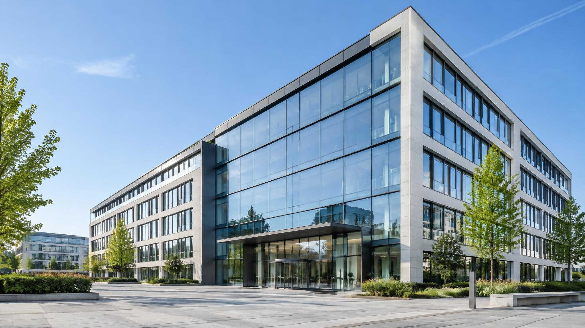 Modern European city building facade with large windows