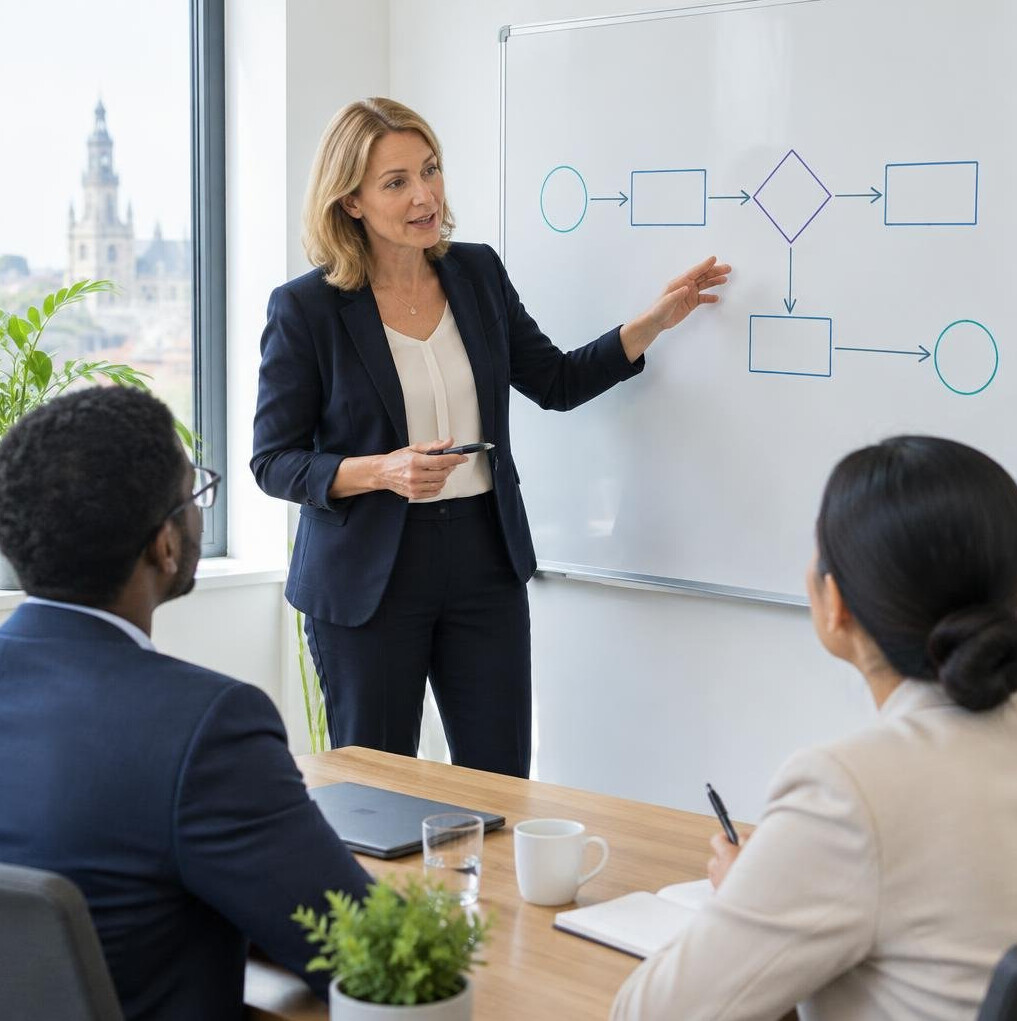 Woman presenting a workflow diagram to colleagues