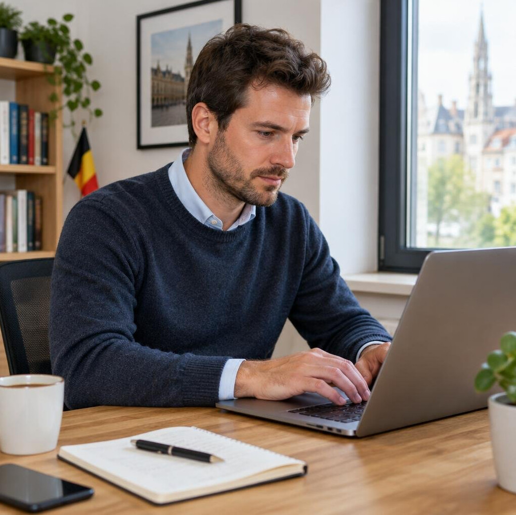 Man typing notes on a laptop at a desk
