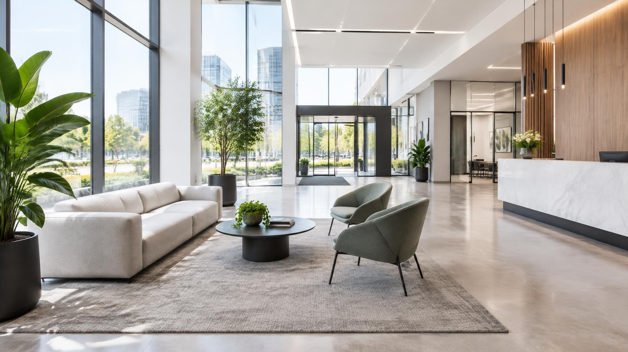Bright modern office lobby with seating area